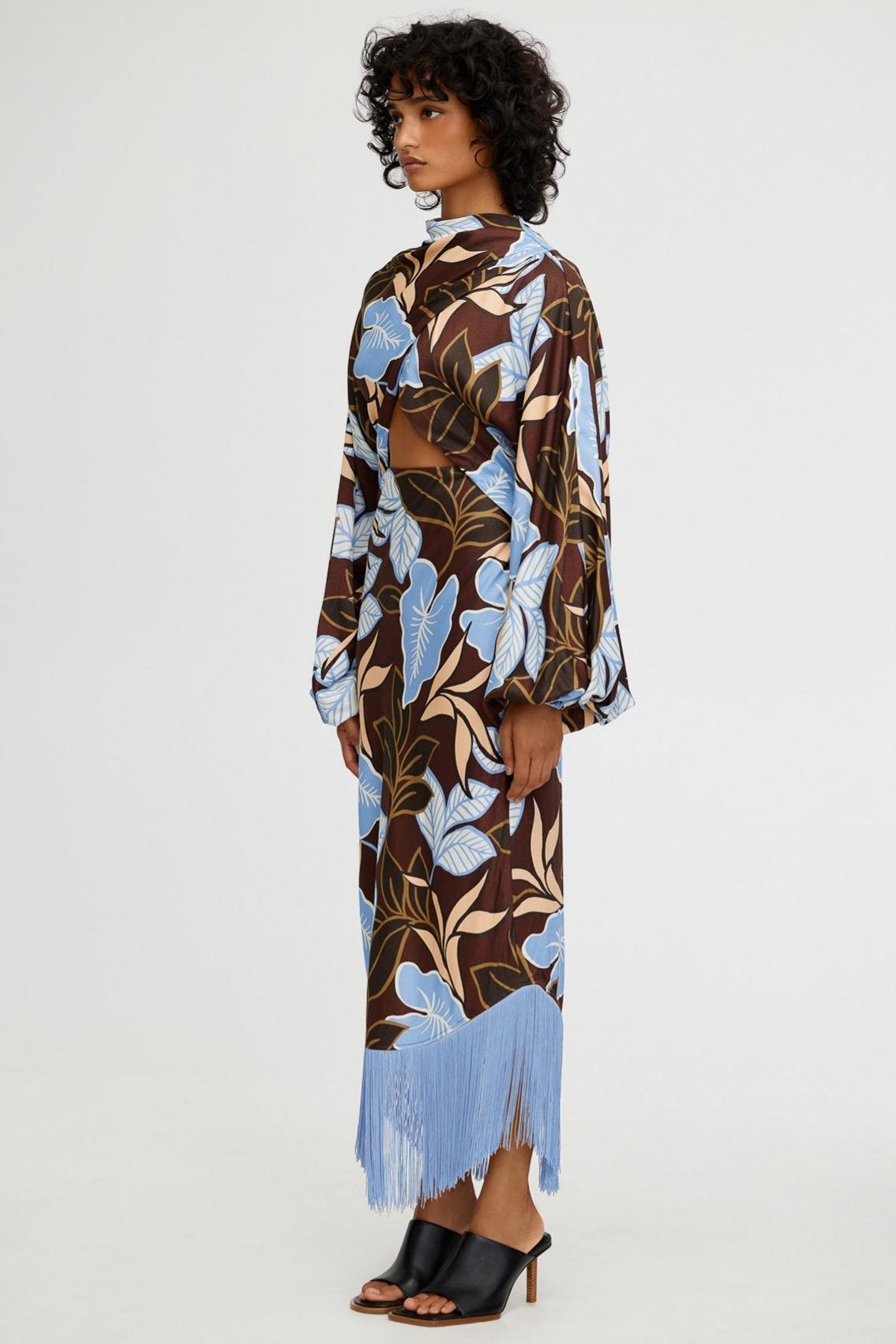 Botanical Print Tassel Cut-Out Midi Dress