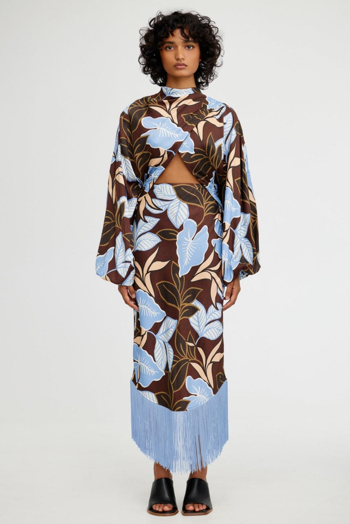 Botanical Print Tassel Cut-Out Midi Dress