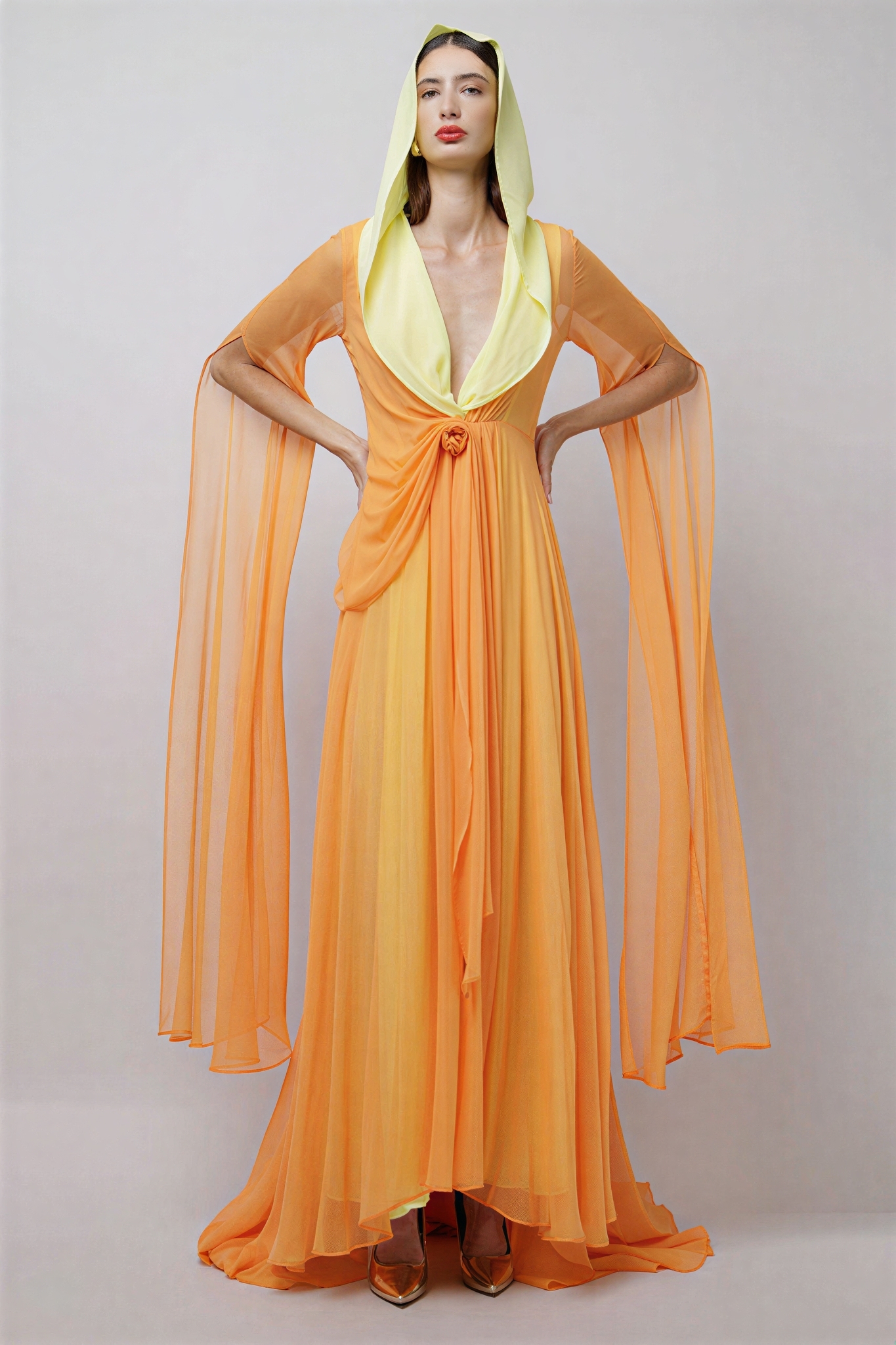 Chiffon Draped Contrast Color Maxi Dress