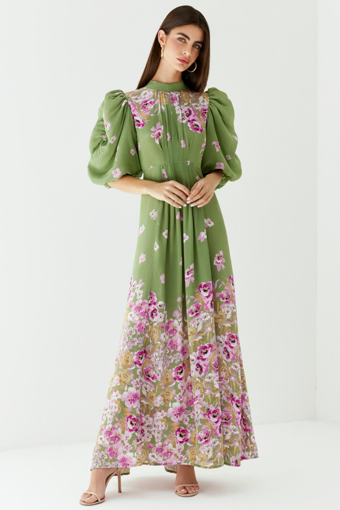 Floral Ruched Puff Sleeve Midi Dress