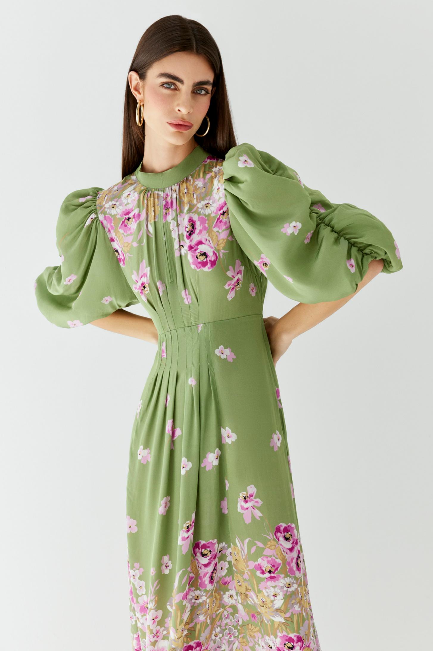 Floral Ruched Puff Sleeve Midi Dress