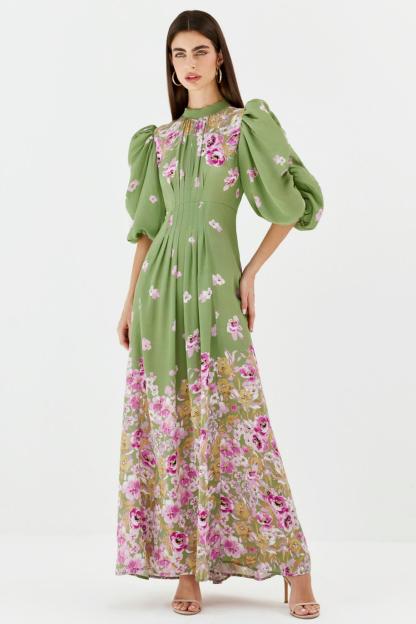 Floral Ruched Puff Sleeve Midi Dress