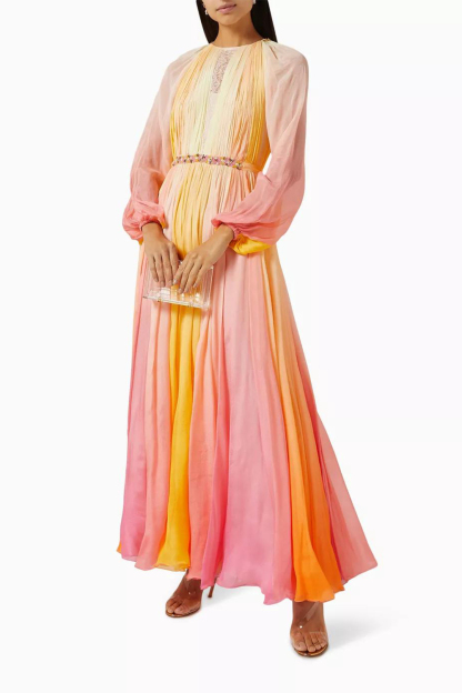 Ombre Gathering Raglan Sleeve Midi Dress