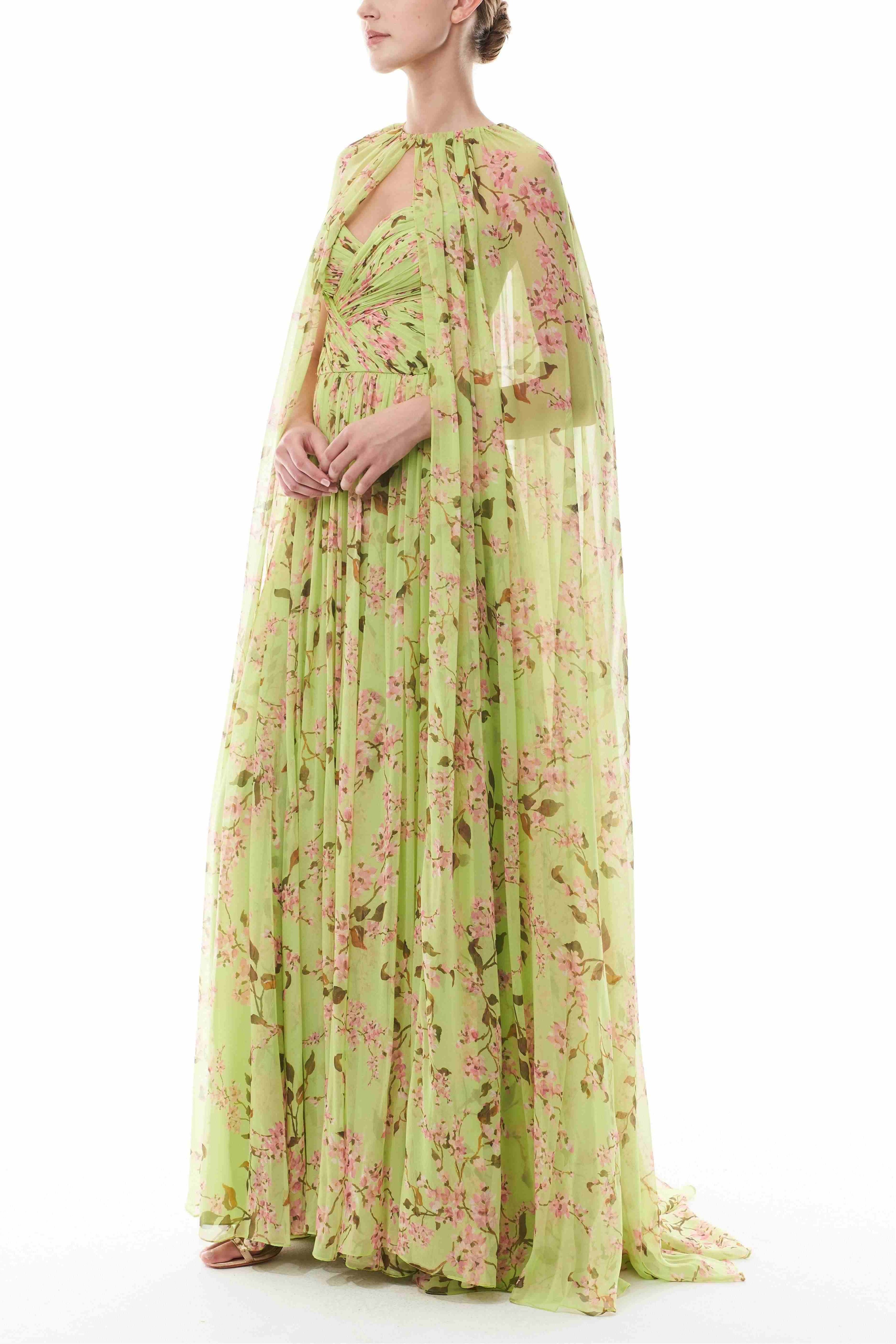 Floral Gathering Maxi Dress With Cape