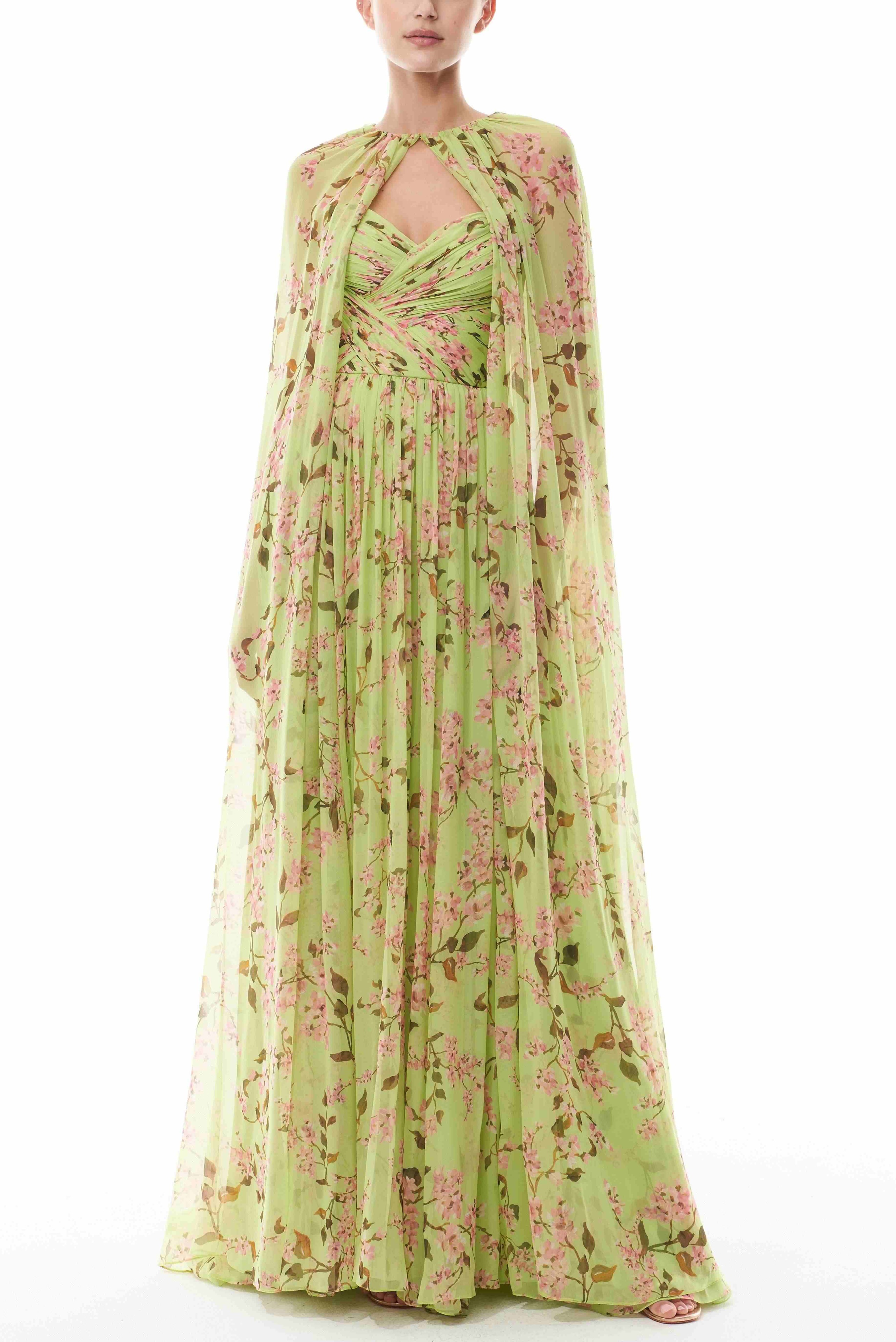 Floral Gathering Maxi Dress With Cape