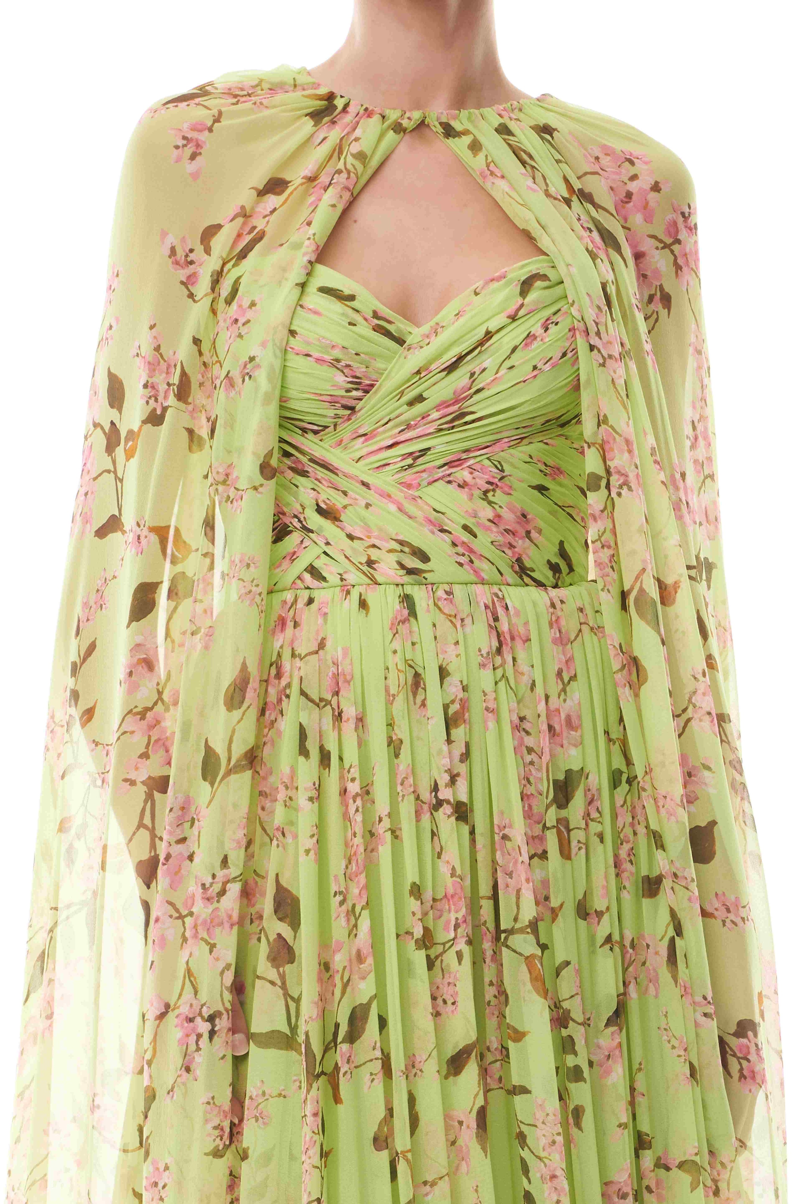 Floral Gathering Maxi Dress With Cape