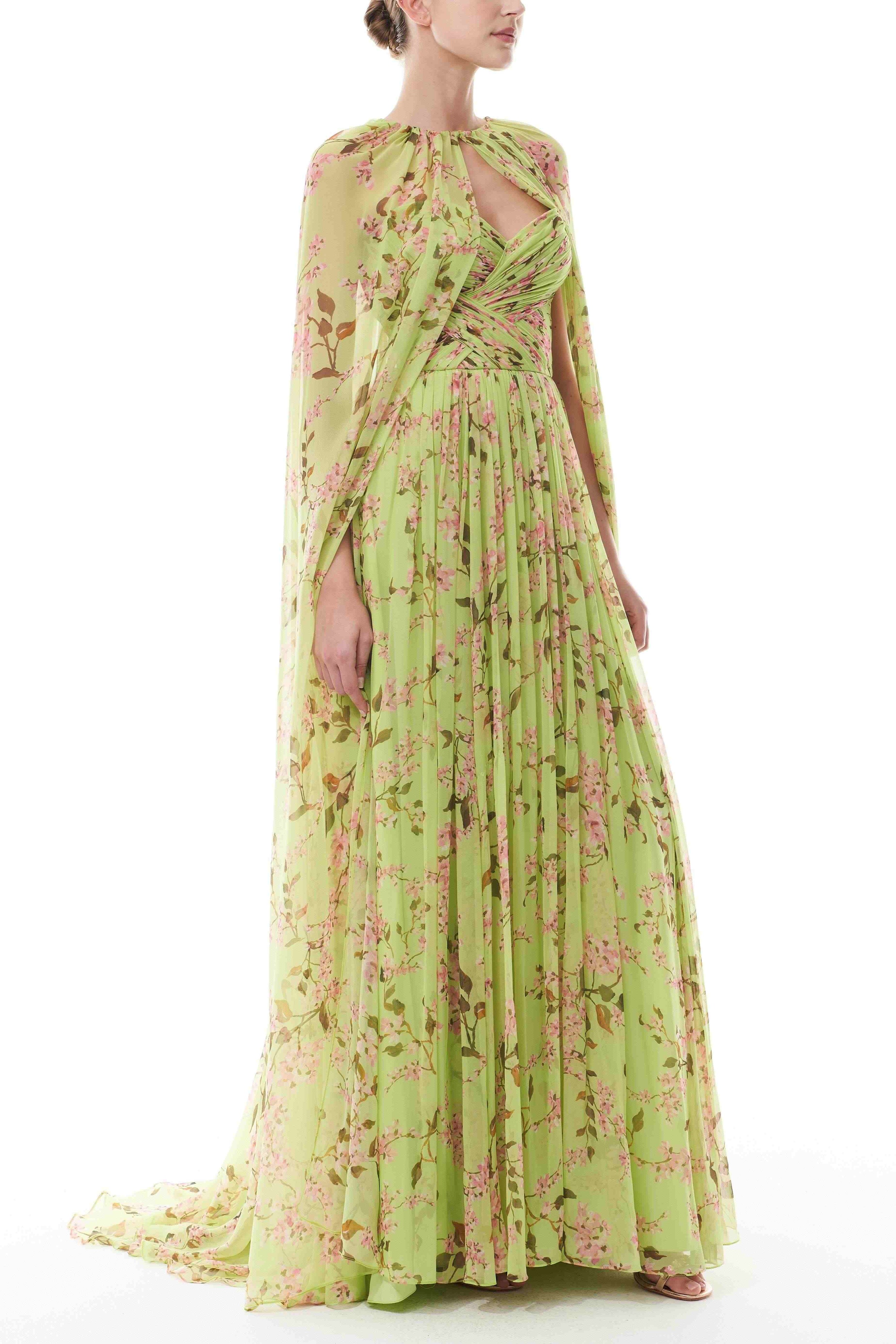 Floral Gathering Maxi Dress With Cape