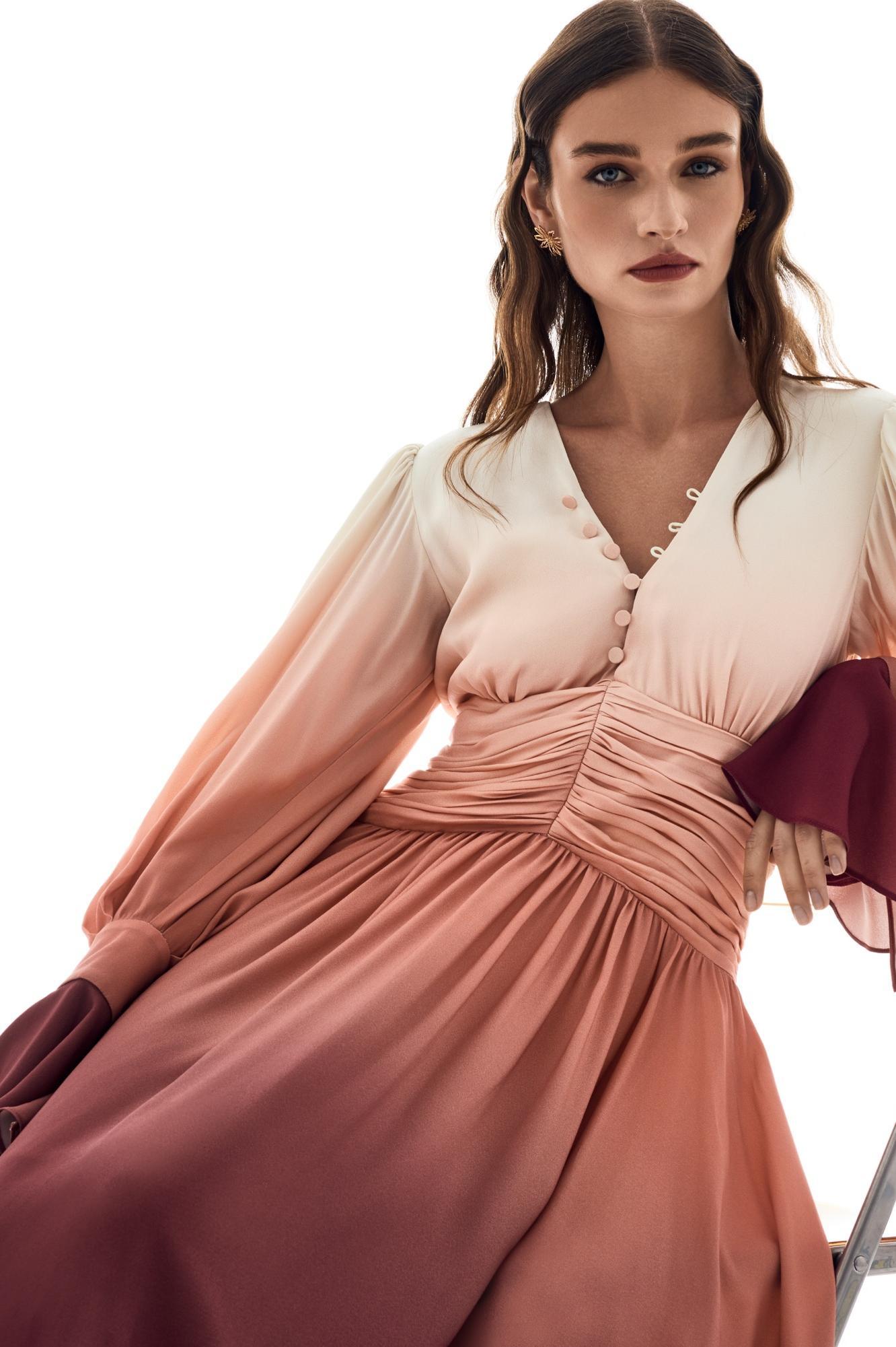 Ombre Ruched Bell Sleeve Midi Dress