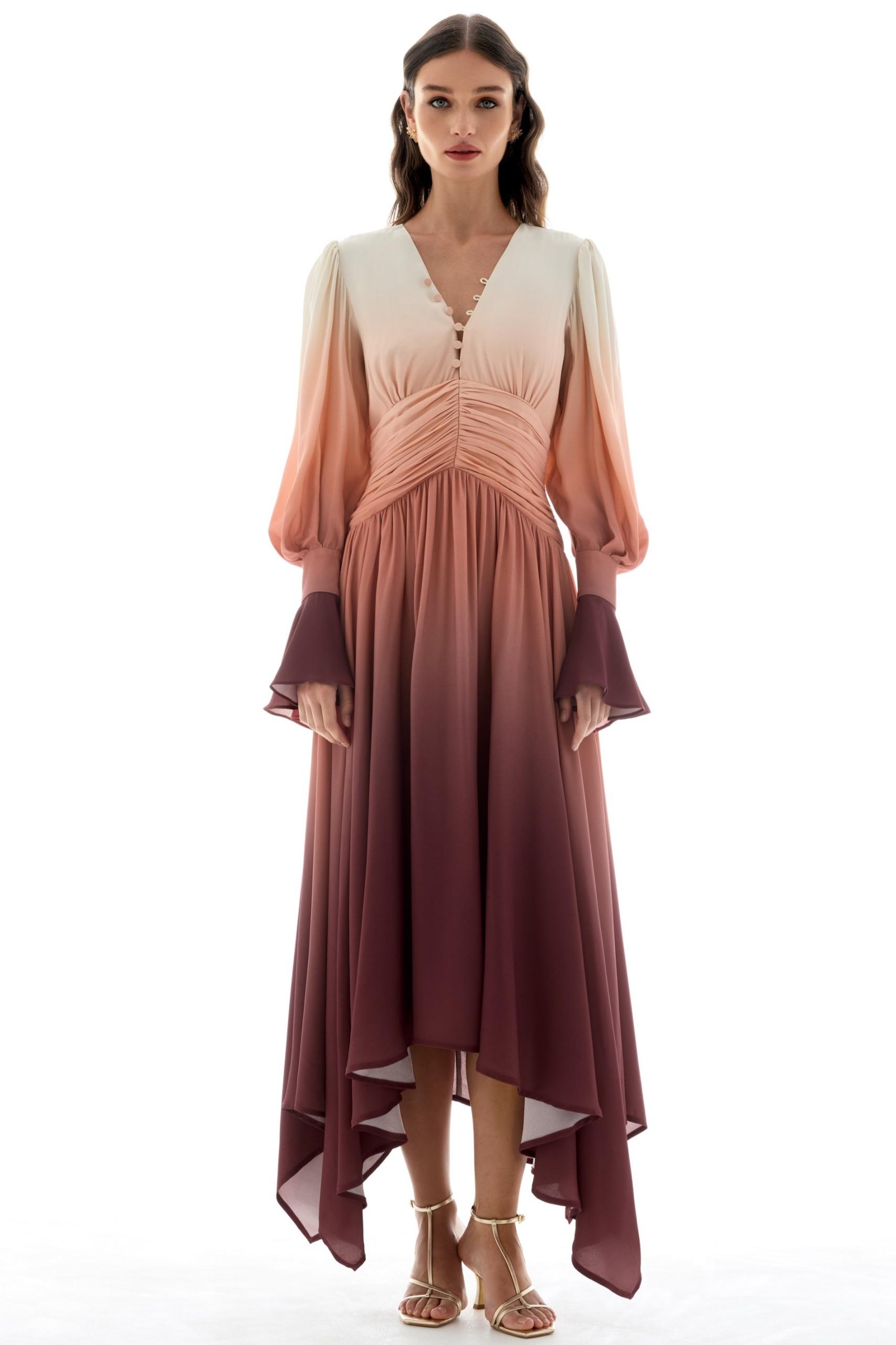 Ombre Ruched Bell Sleeve Midi Dress