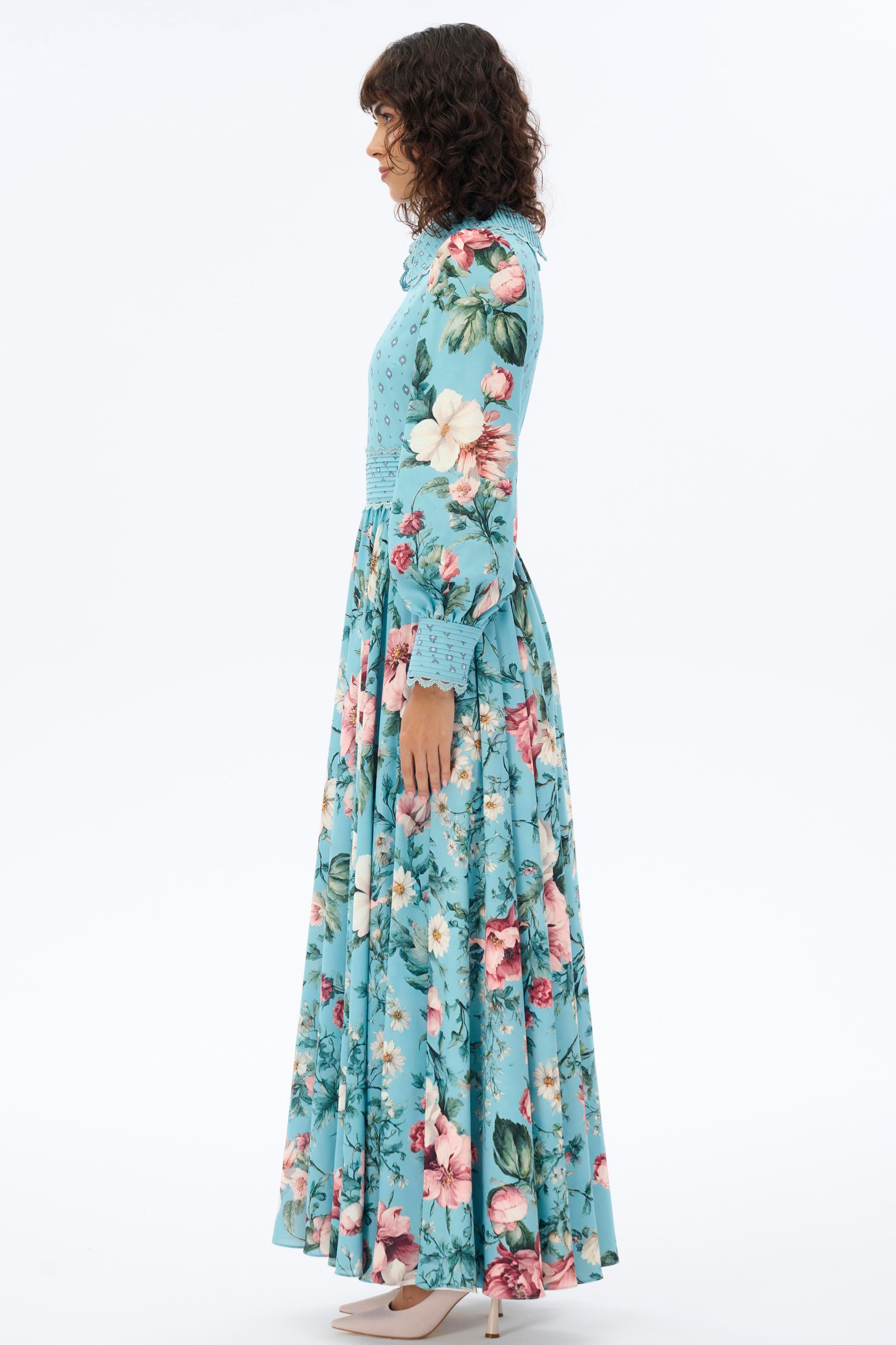 Floral Lace Pleated Midi Dress