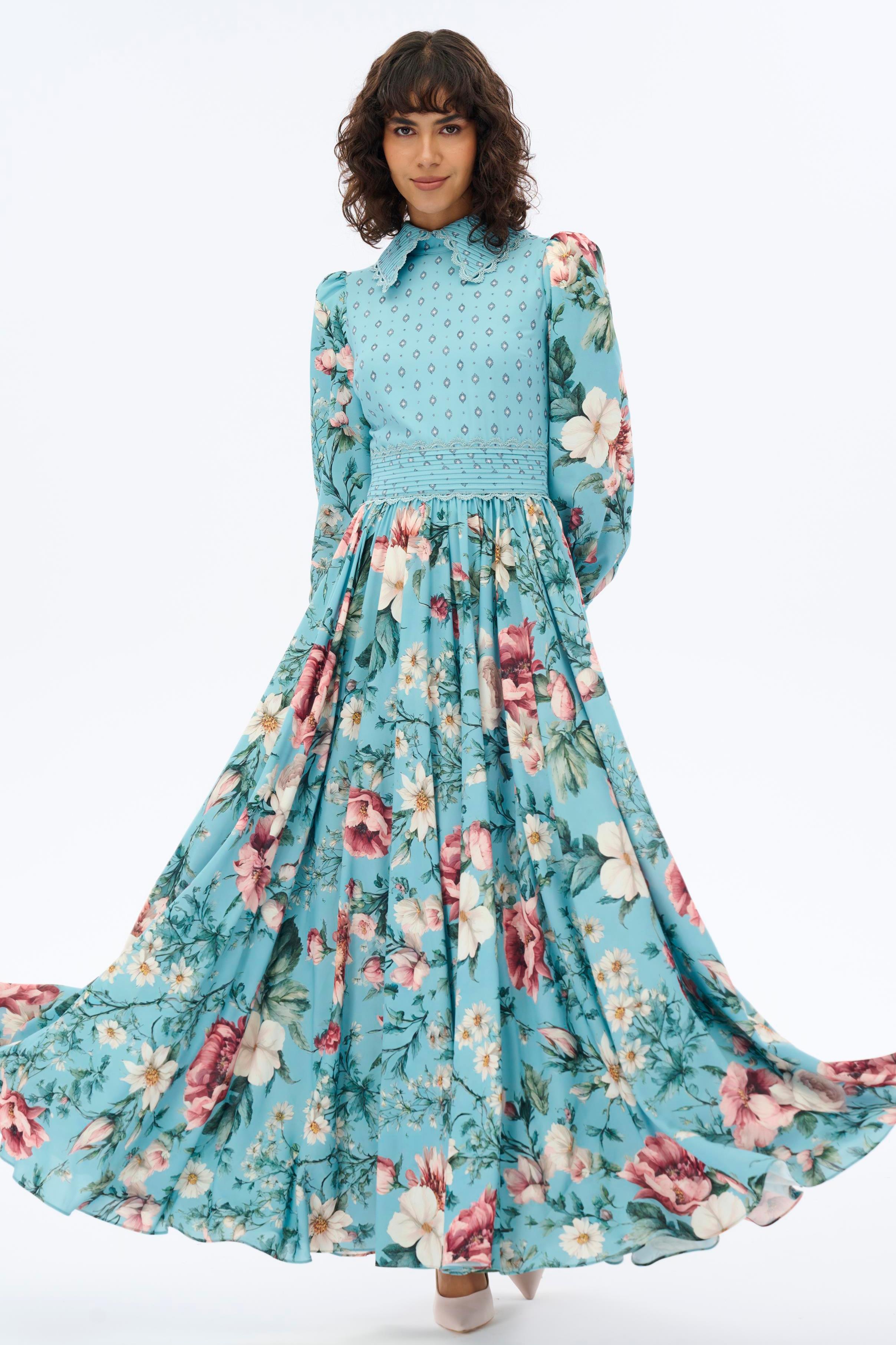 Floral Lace Pleated Midi Dress