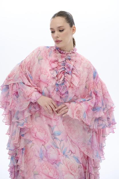 Floral Ruffle Batwing Sleeve Midi Dress