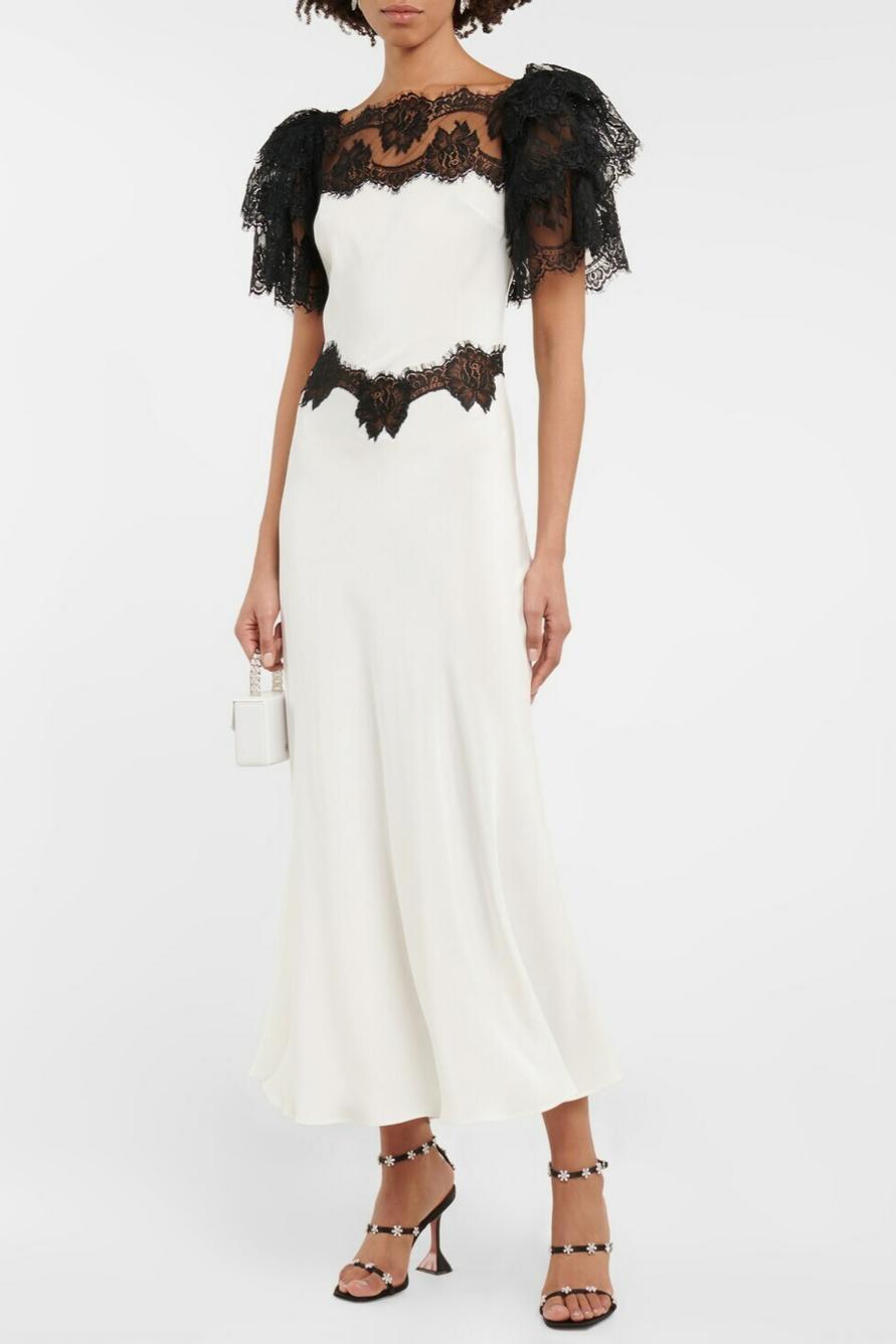 Satin Lace Contrast Color Midi Dress