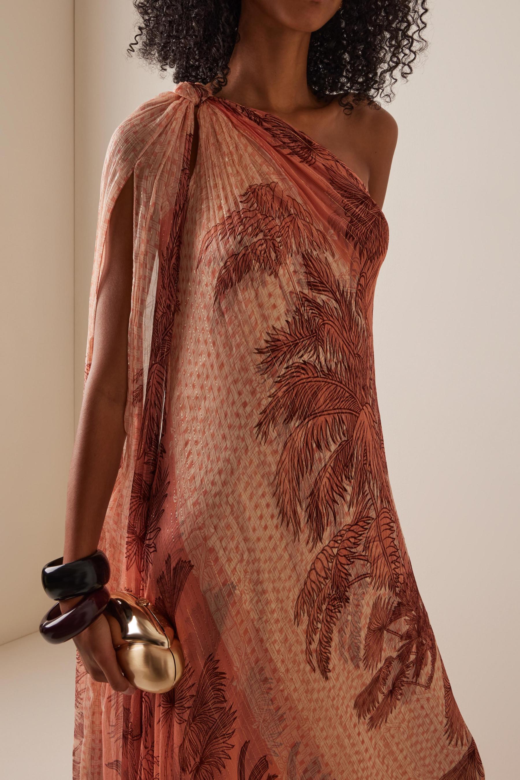 Botanical Print Luxury One Shoulder Maxi Dress