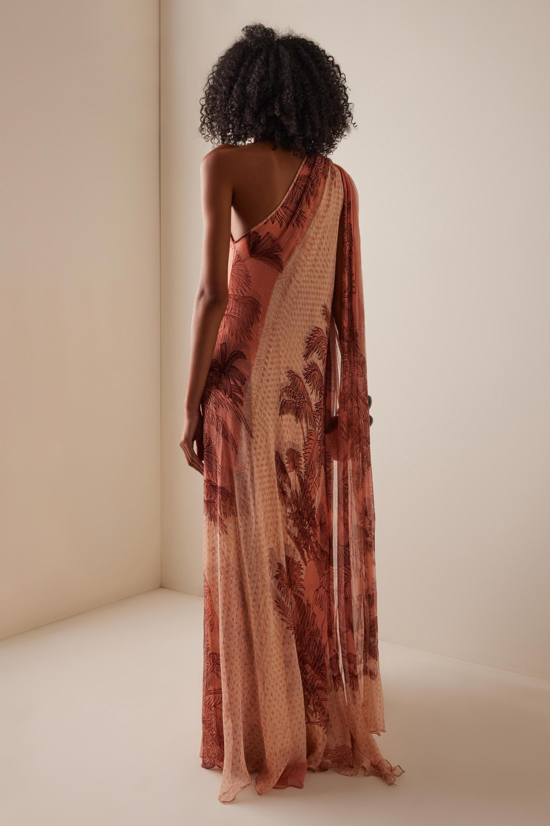 Botanical Print Luxury One Shoulder Maxi Dress