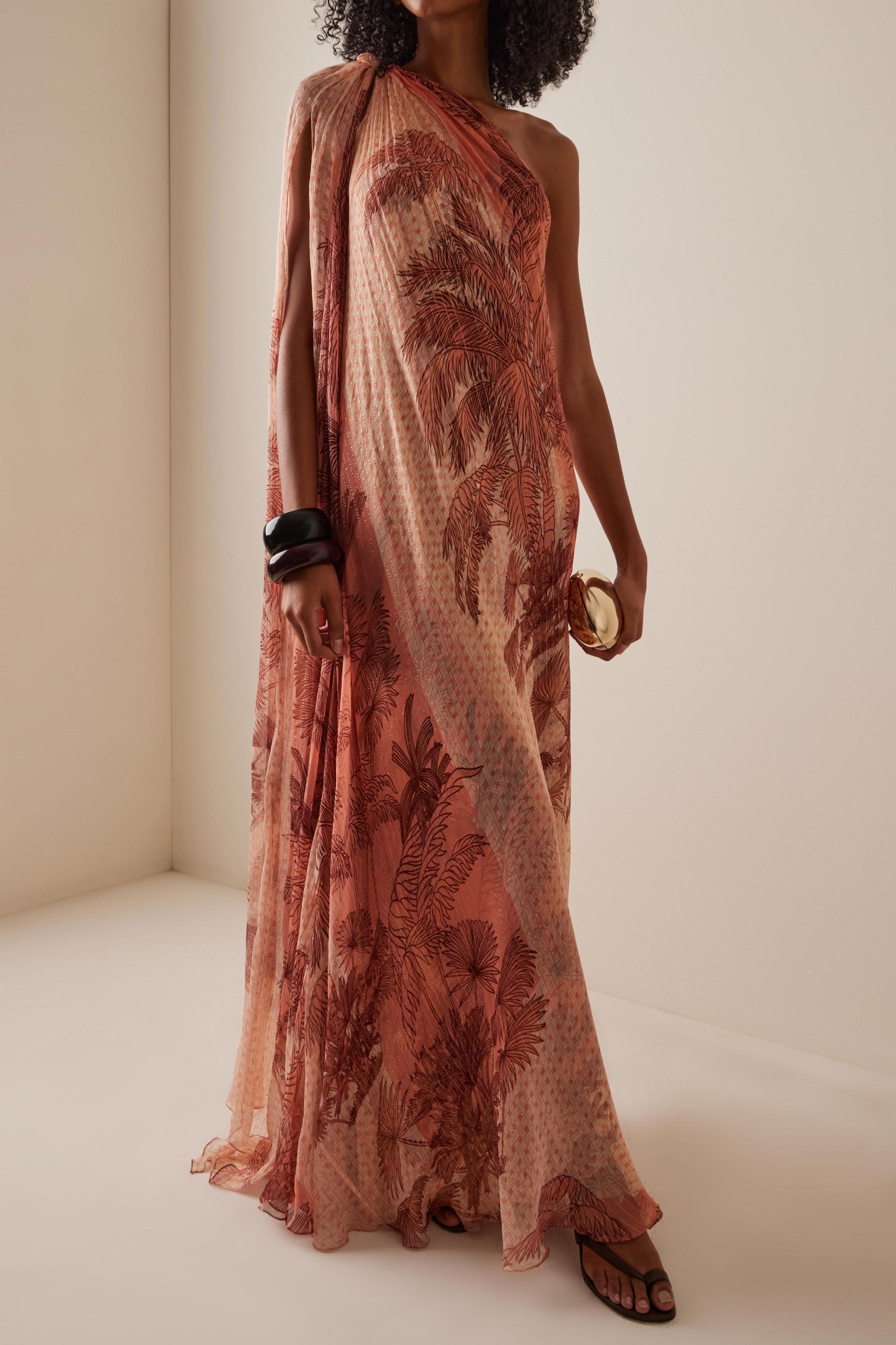 Botanical Print Luxury One Shoulder Maxi Dress