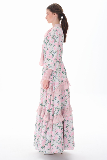 Floral Lace-Up Smocking Maxi Ddress