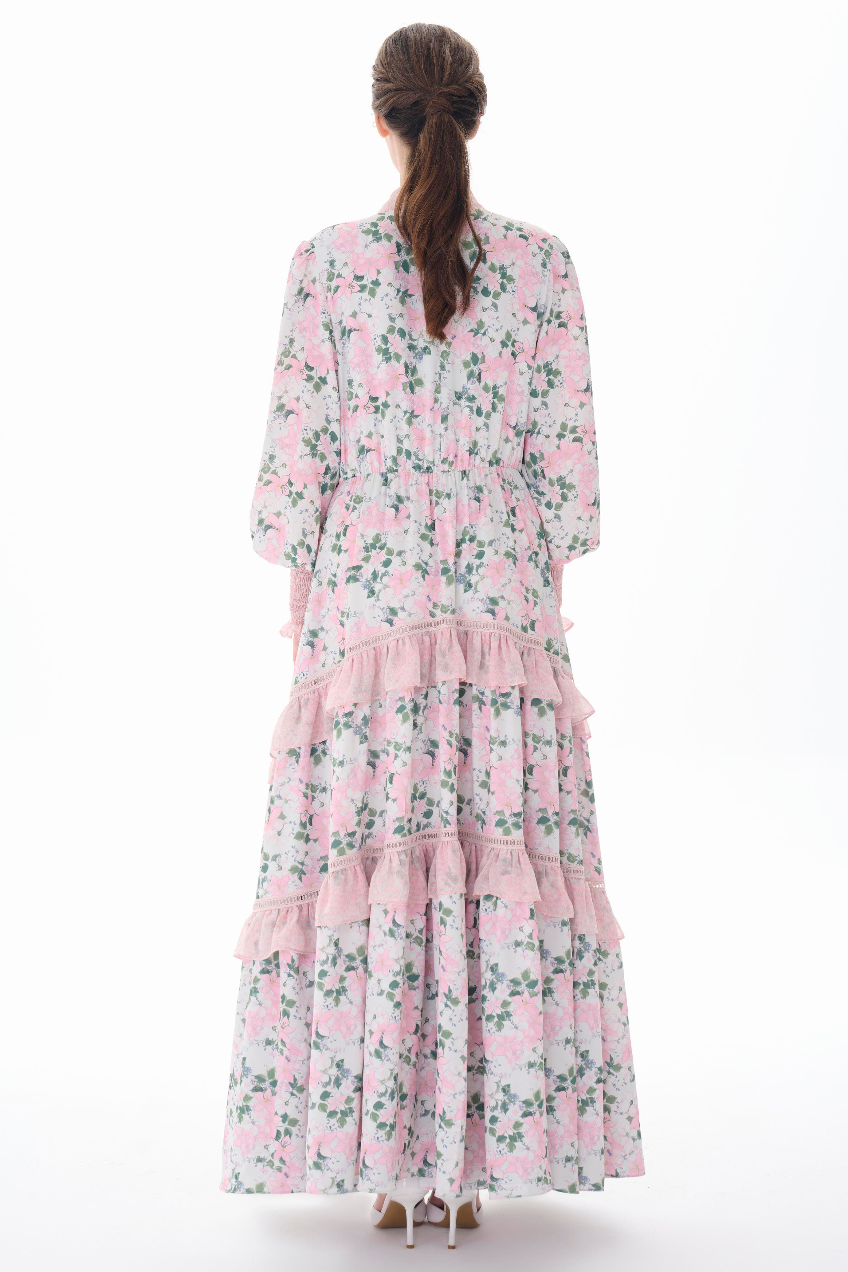 Floral Lace-Up Smocking Maxi Ddress