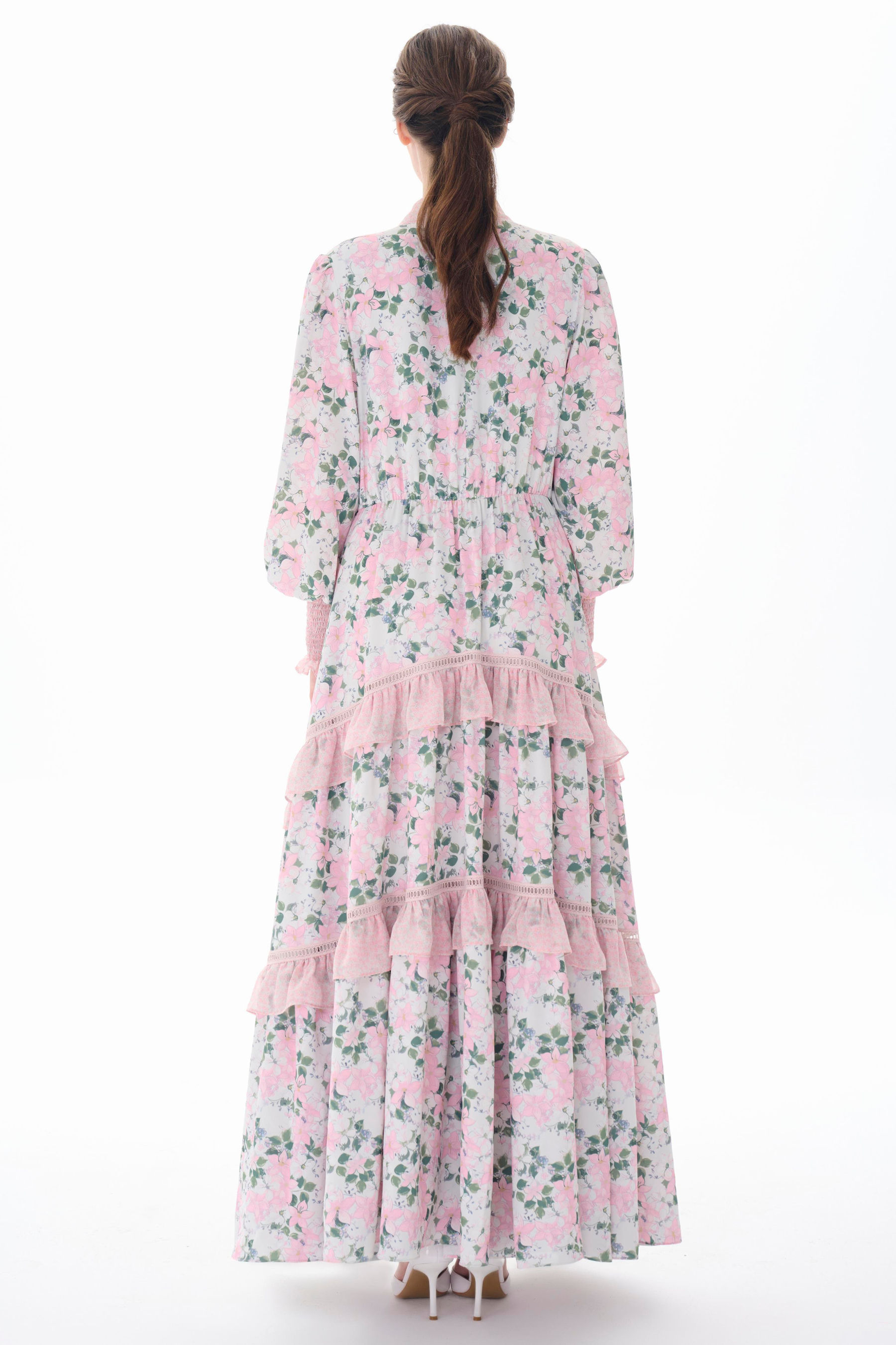 Floral Lace-Up Smocking Maxi Ddress