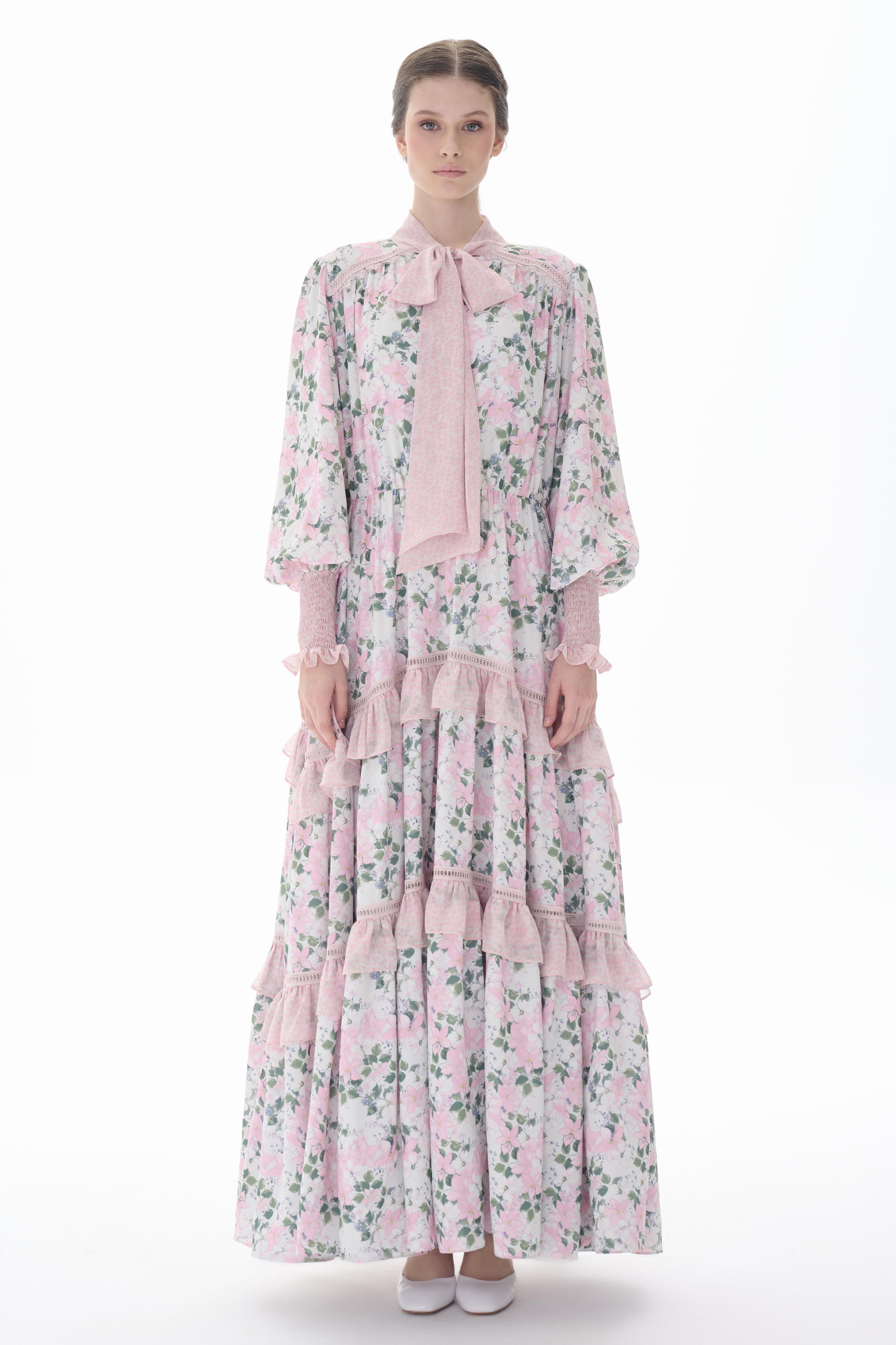 Floral Lace-Up Smocking Maxi Ddress