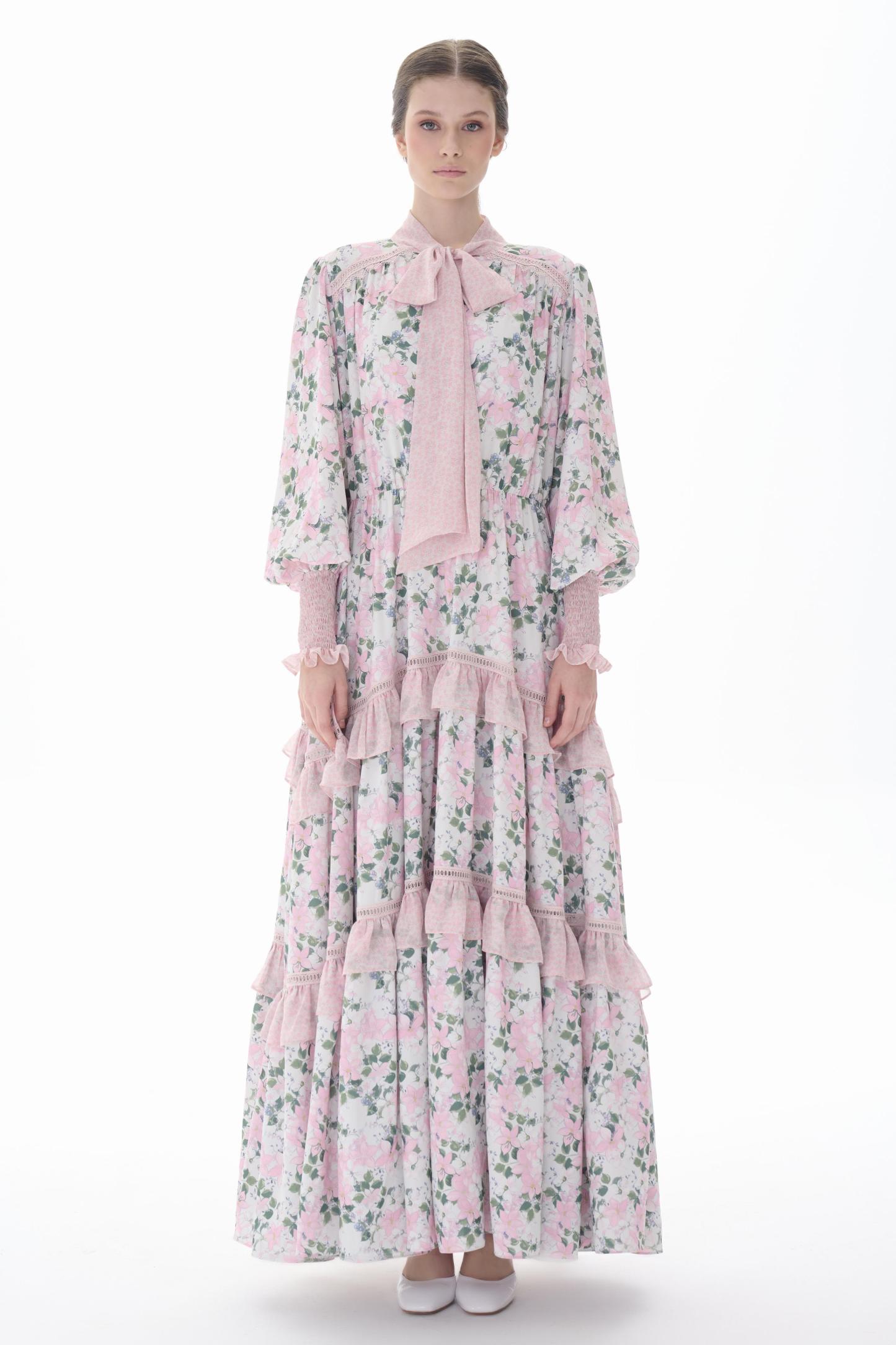 Floral Lace-Up Smocking Maxi Ddress