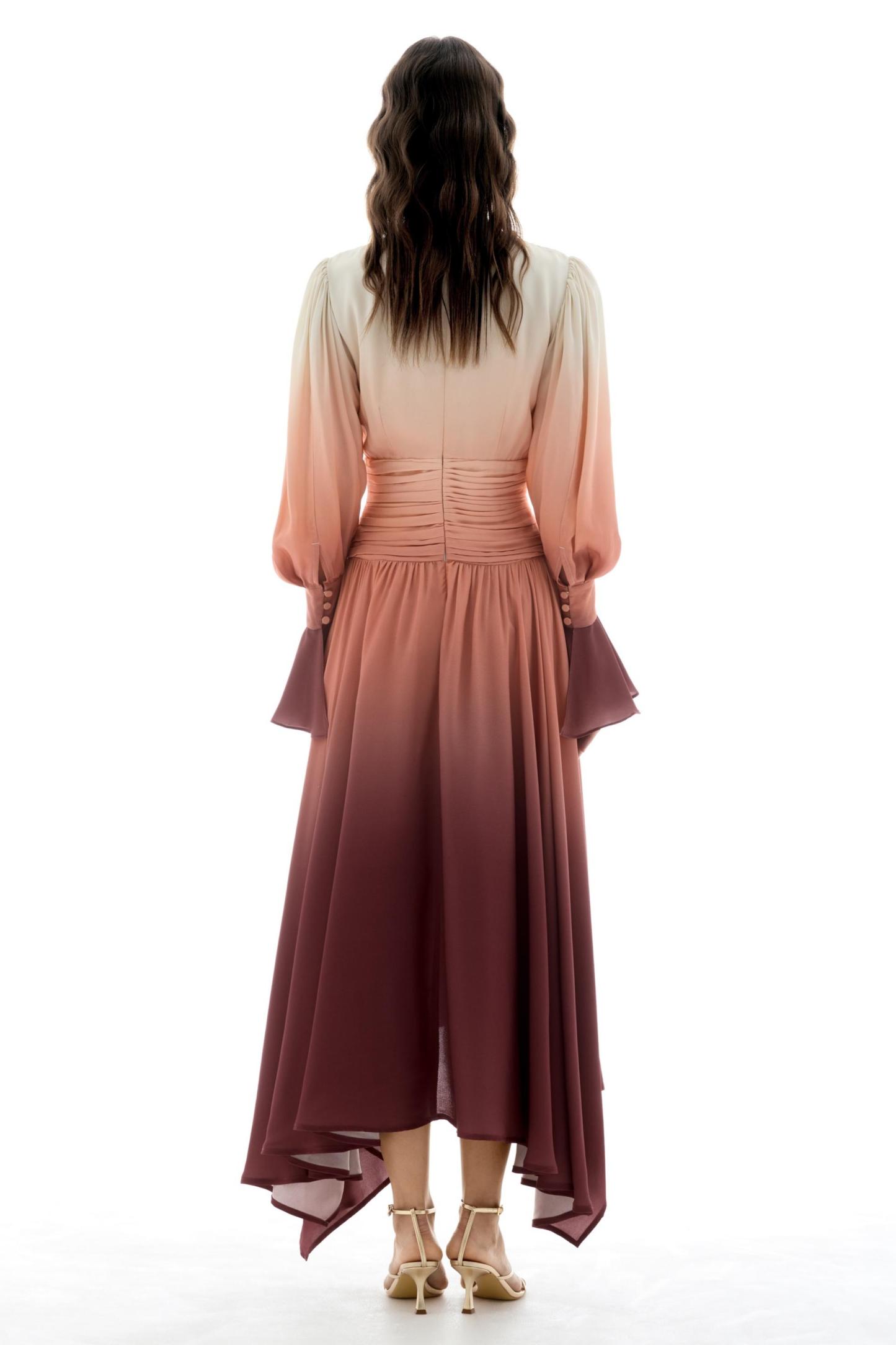Ombre Ruched Bell Sleeve Midi Dress