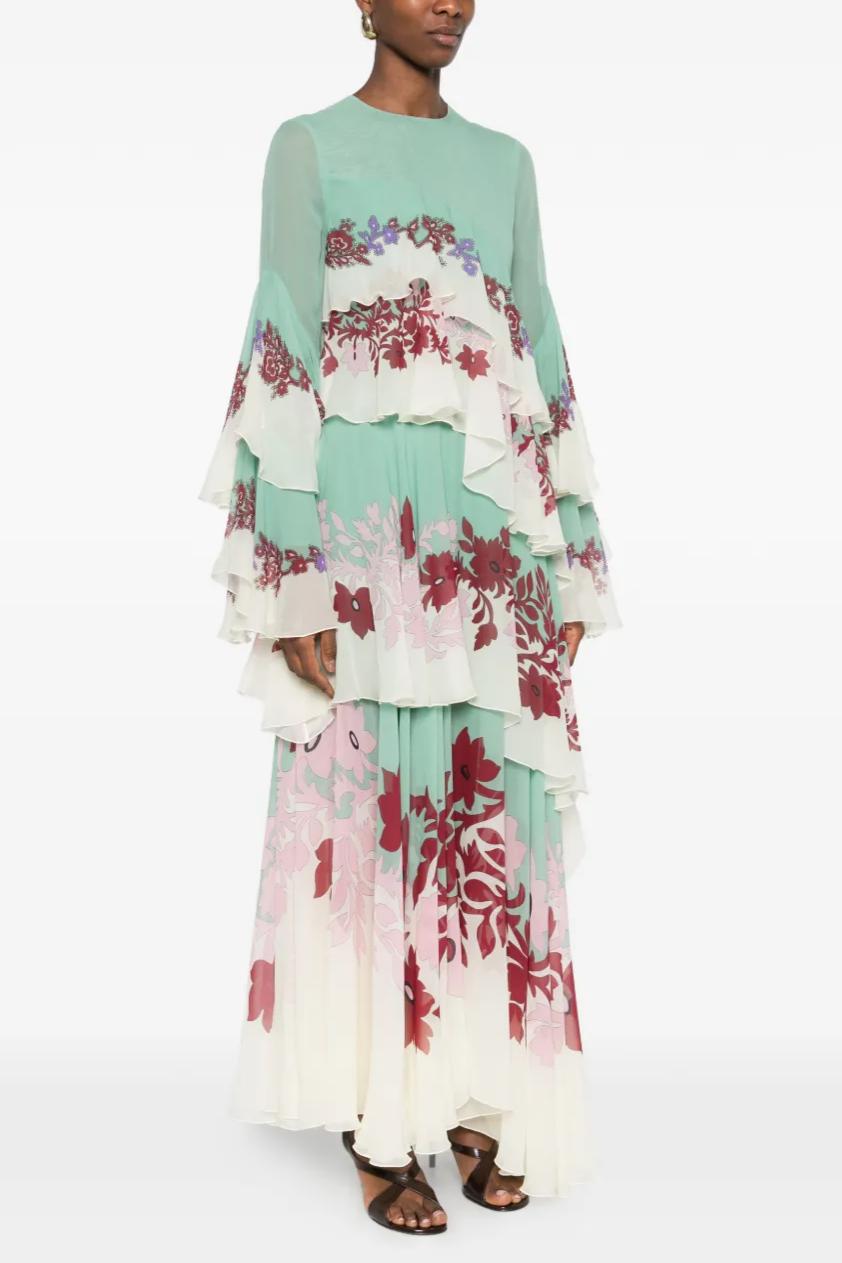 Paisley Print Ruffle Round Neck Maxi Dress
