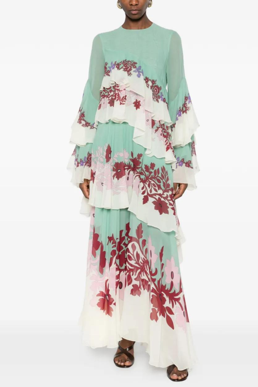 Paisley Print Ruffle Round Neck Maxi Dress