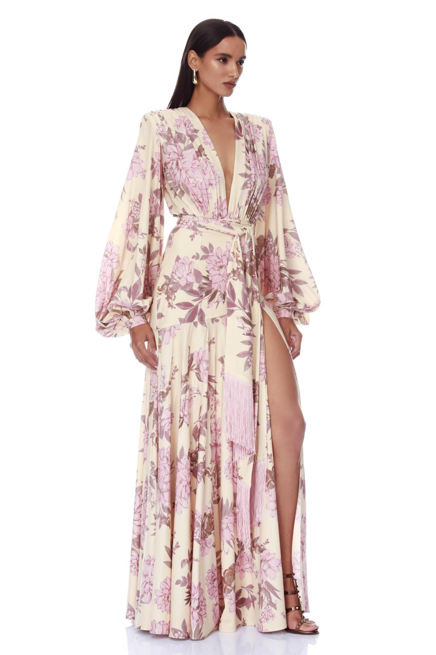 Floral Slit Maxi Dress With Tassel Belt