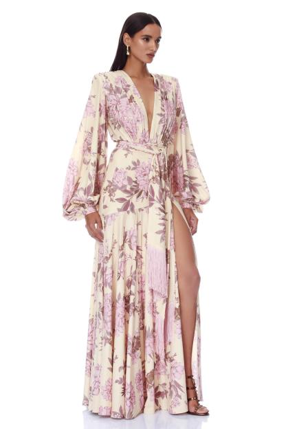 Floral Slit Maxi Dress With Tassel Belt