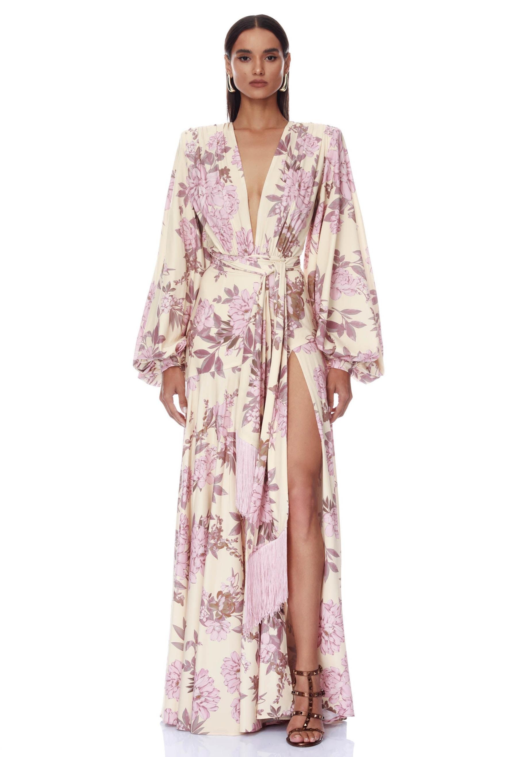 Floral Slit Maxi Dress With Tassel Belt