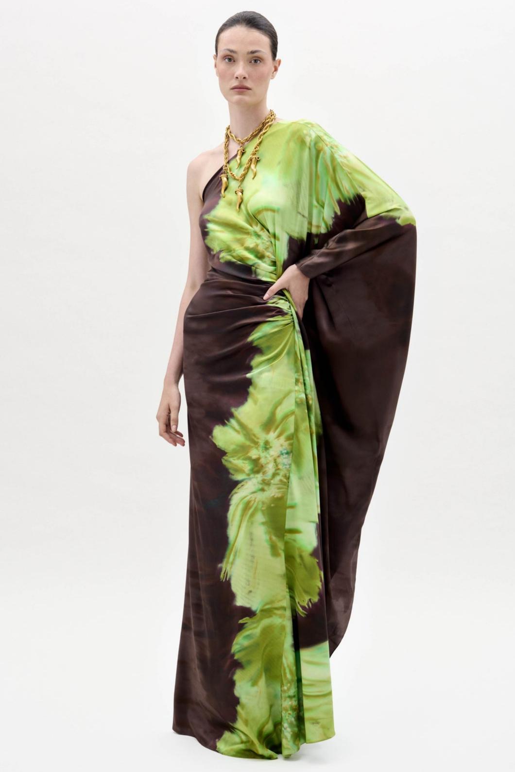Satin Floral One-Shoulder Maxi Dress