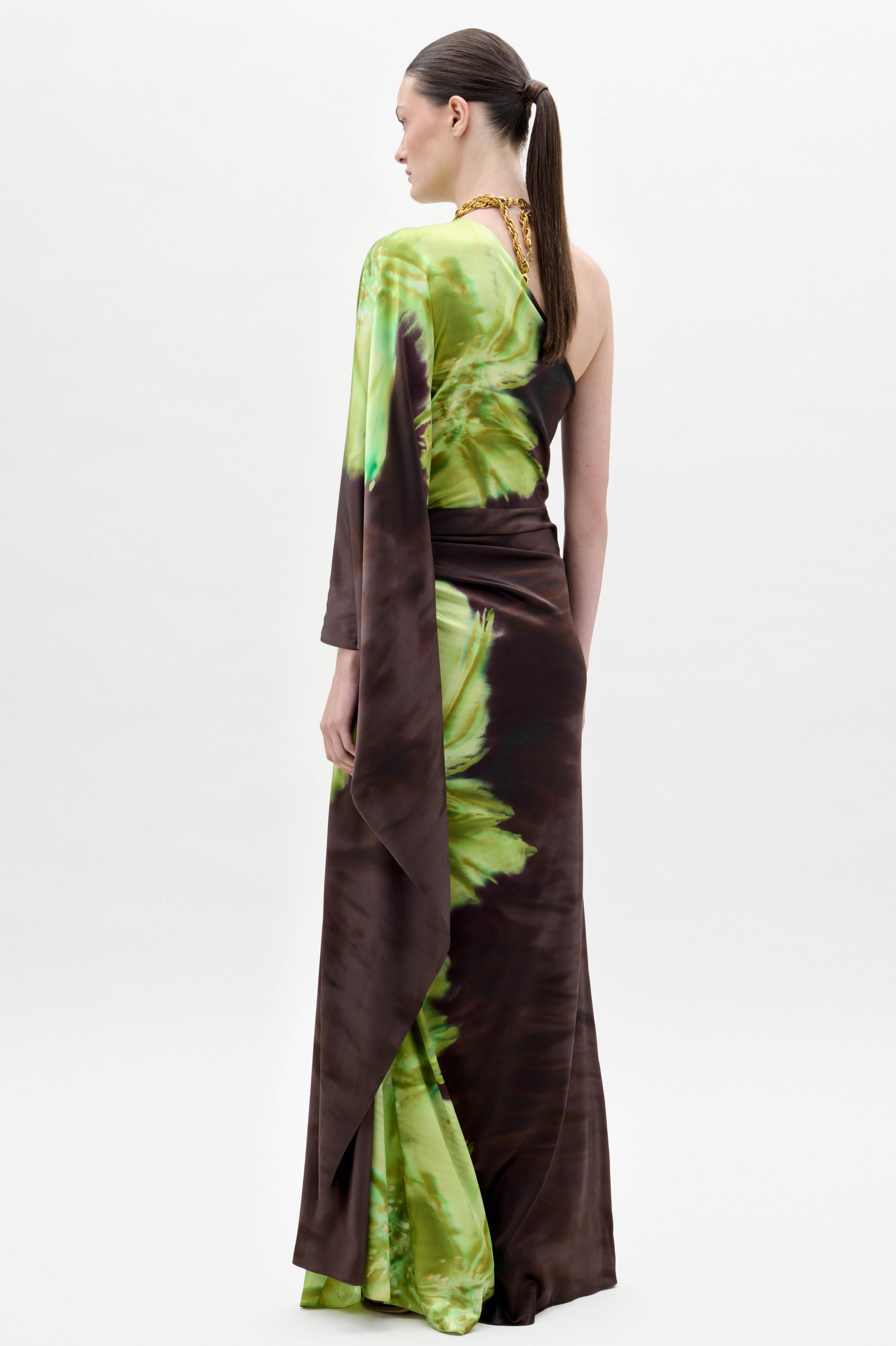 Satin Floral One-Shoulder Maxi Dress