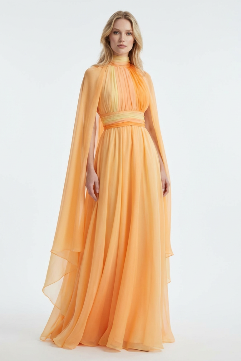 Chiffon Cape Sleeve Gathering Maxi Dress