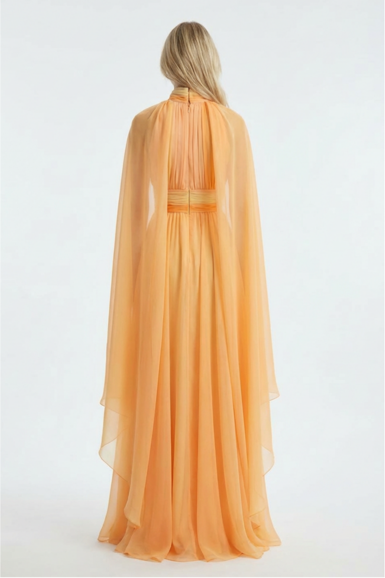 Chiffon Cape Sleeve Gathering Maxi Dress