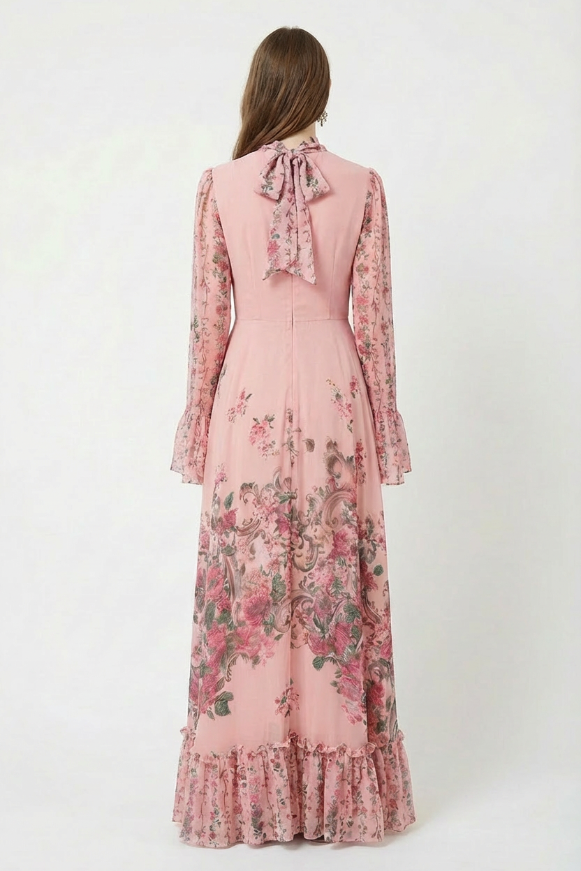 Floral Tie-Up Ruffle Maxi Dress