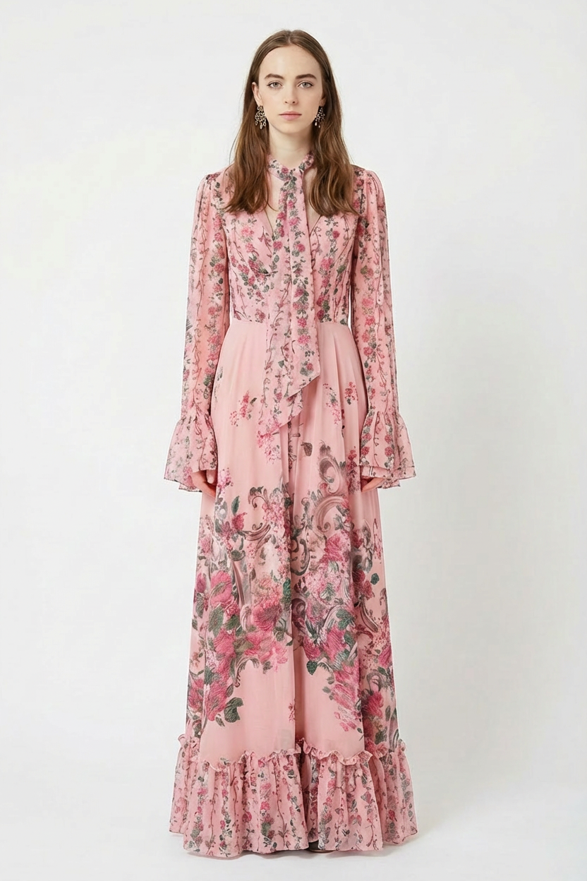 Floral Tie-Up Ruffle Maxi Dress