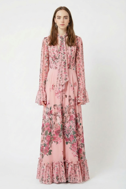 Floral Tie-Up Ruffle Maxi Dress