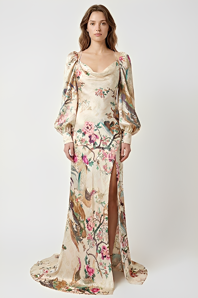 Satin Floral Slit Maxi Dress