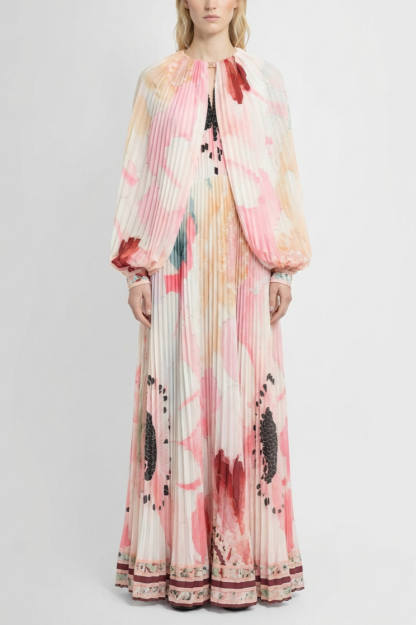 Floral Pleated Cape Sleeve Maxi Dress