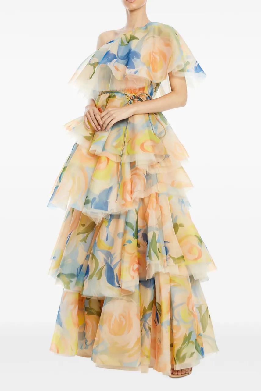 Floral Ruffle One-Shoulder Maxi Dress