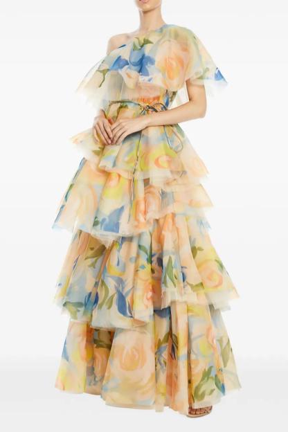 Floral Ruffle One-Shoulder Maxi Dress