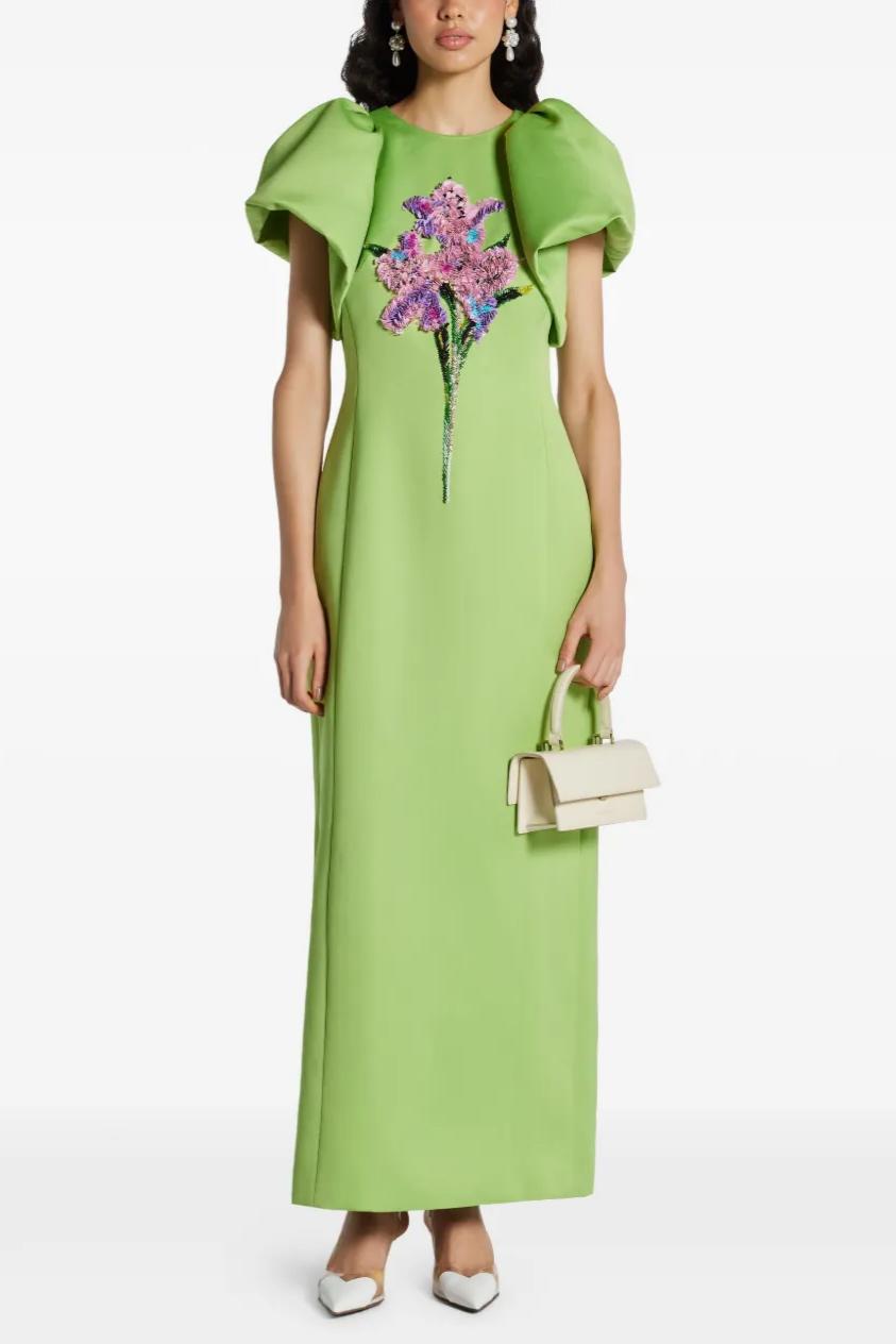 Solid Embroidered Puff Sleeve Maxi Dress