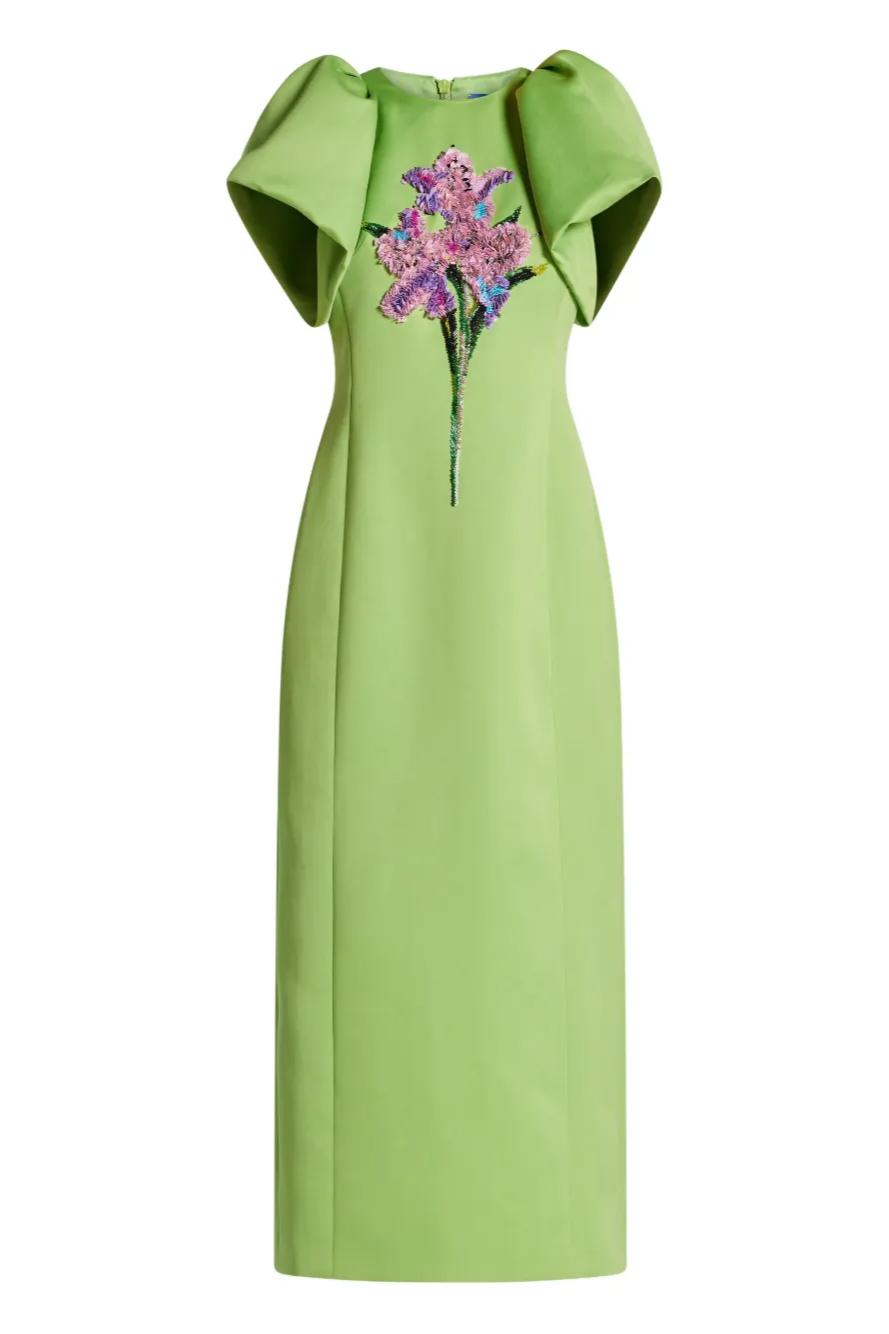 Solid Embroidered Puff Sleeve Maxi Dress