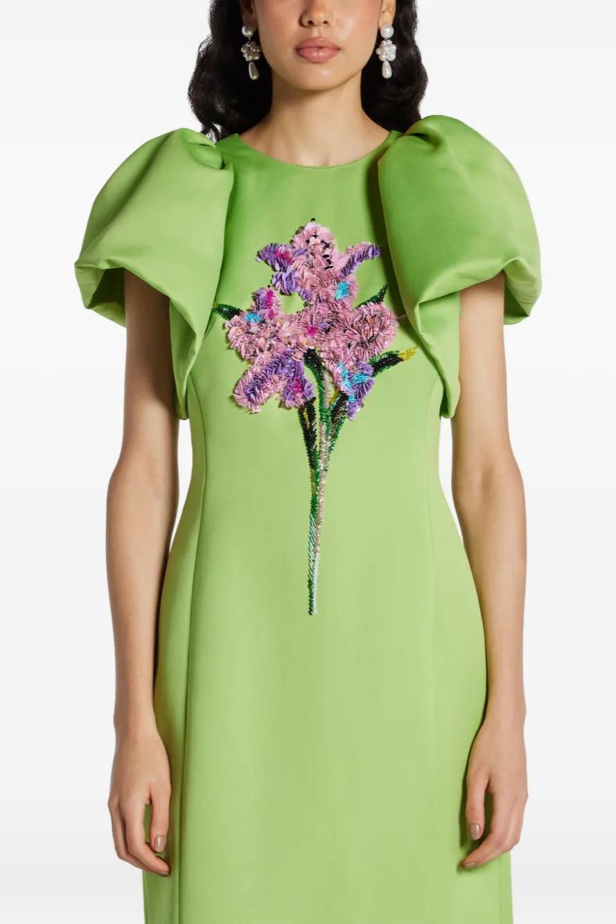 Solid Embroidered Puff Sleeve Maxi Dress