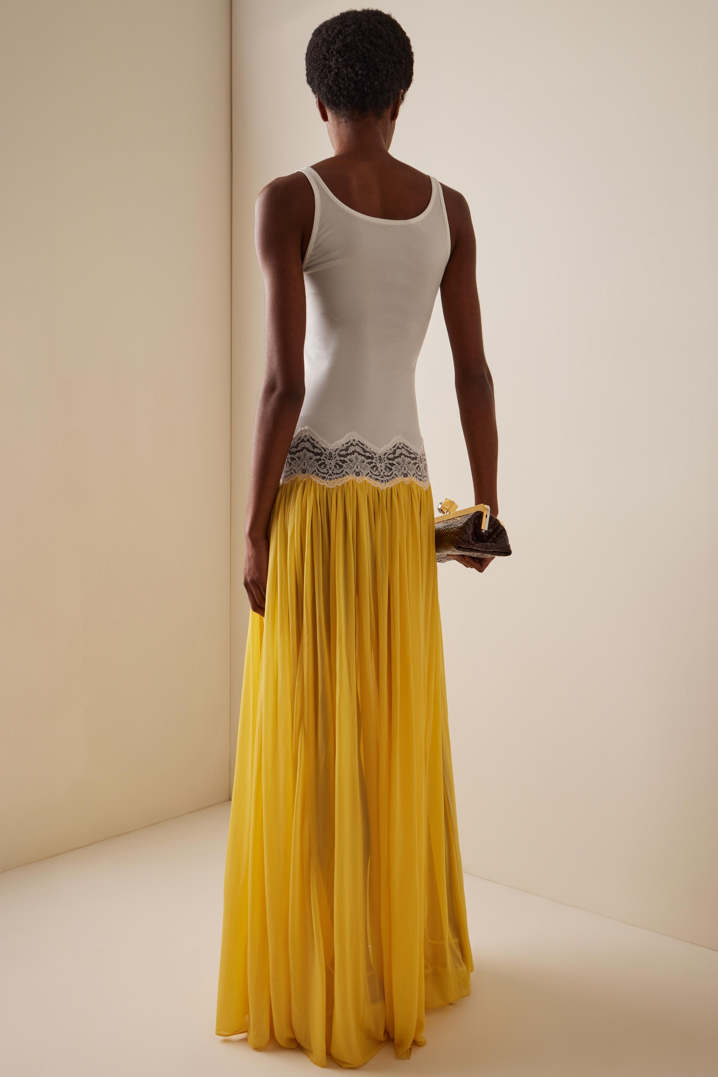 Lace-Trimmed Contrast Color Cut-Out Maxi Dress