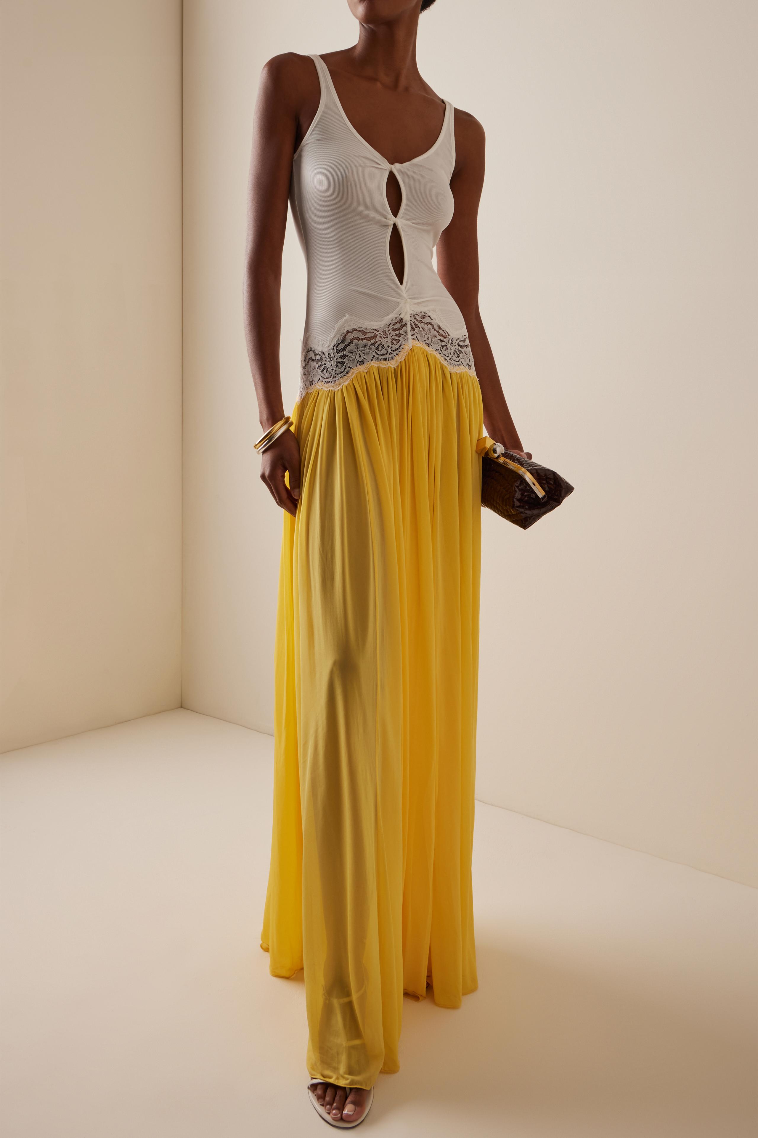 Lace-Trimmed Contrast Color Cut-Out Maxi Dress