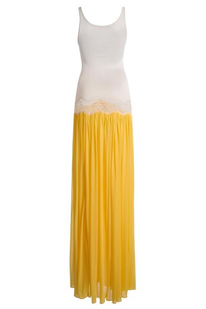 Lace-Trimmed Contrast Color Cut-Out Maxi Dress