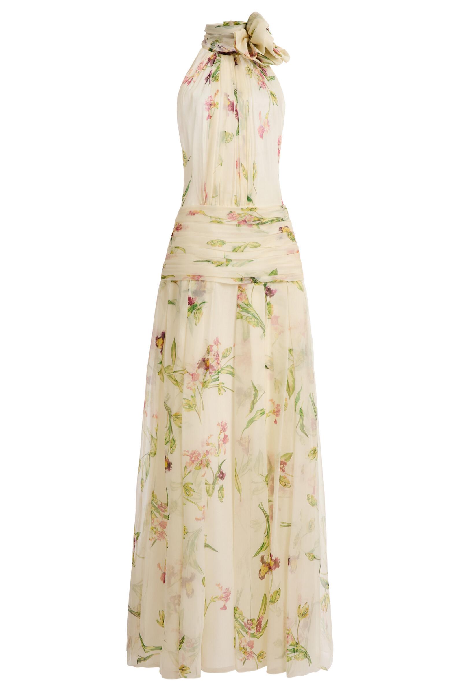 Floral Gathering Lace-Up Maxi Dress