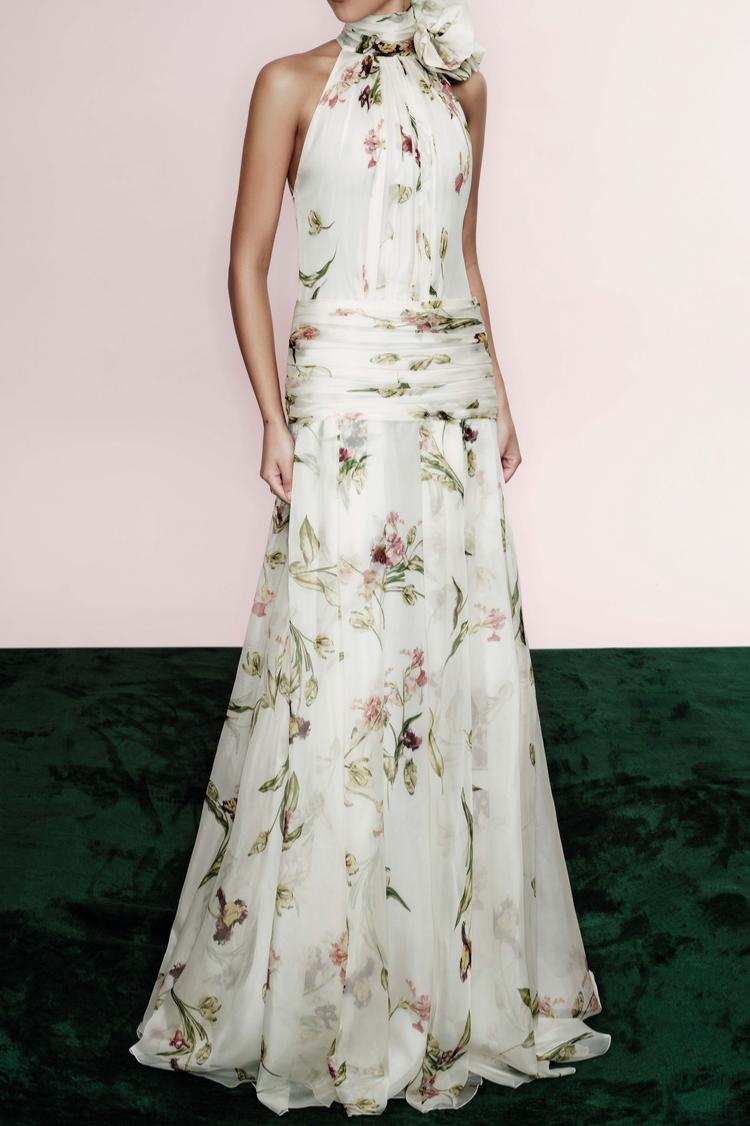 Floral Gathering Lace-Up Maxi Dress